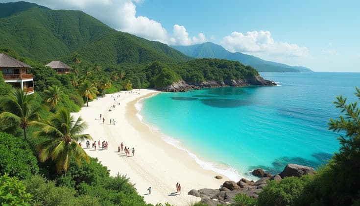 Turquoise beach in Indonesia with lush hills
